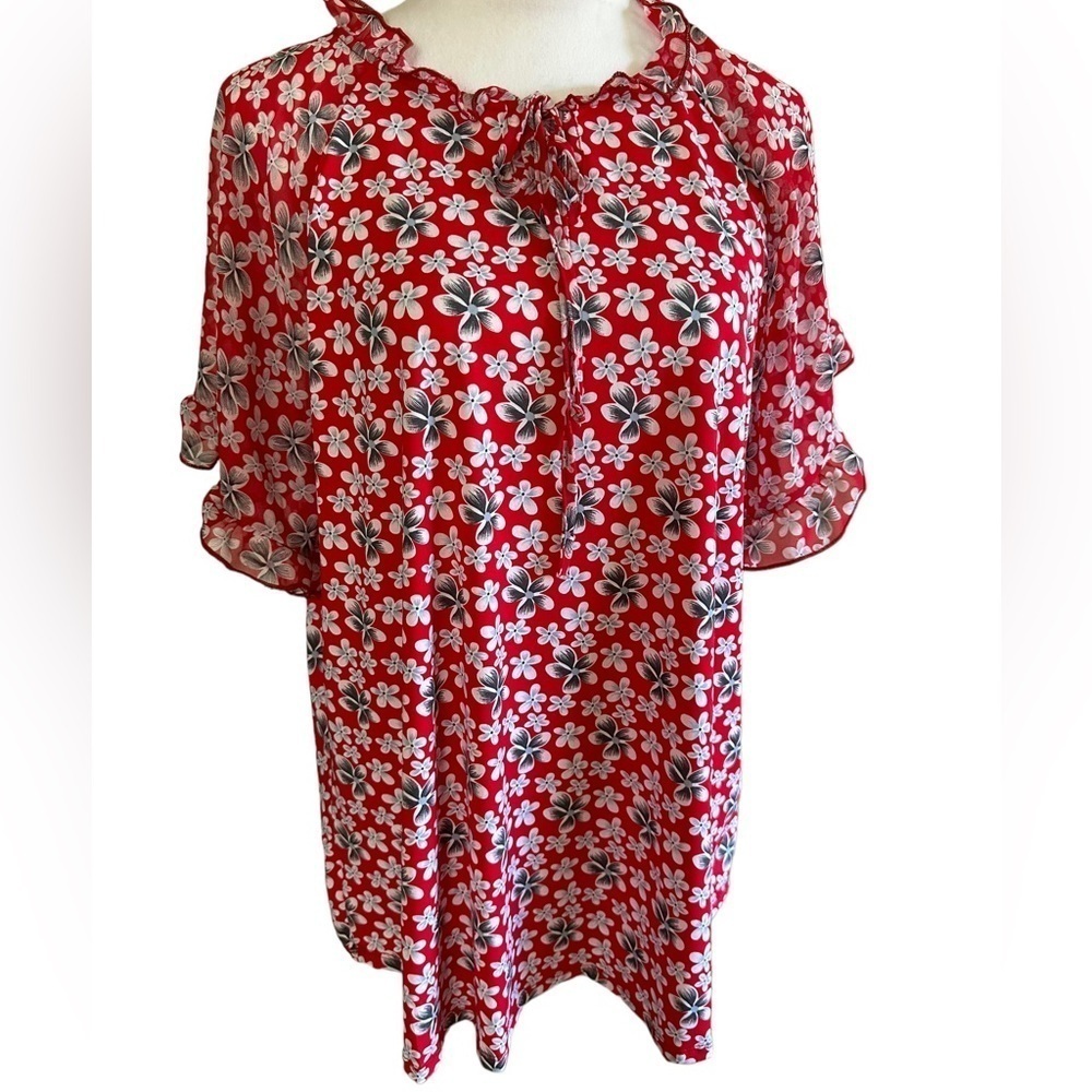 NY COLLECTION 2X Red Gray Floral Plus Size Relaxed Fit Women's Blouse top shirt - Picture 7 of 13
